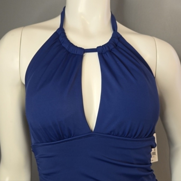 Ralph Lauren Blue Stylish Keyhole Halter Top Side Shirring Swimsuit Size 6 - Picture 3 of 7